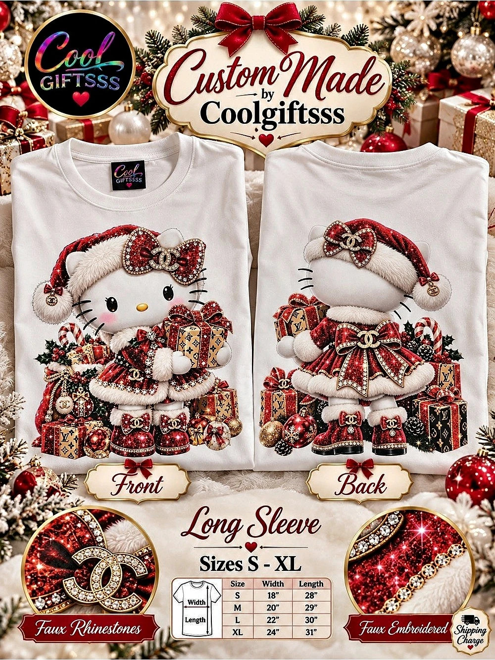 Christmas Kitty Shirt | Faux Rhinestone Holiday Tee | Coolgiftsss S M L XL new